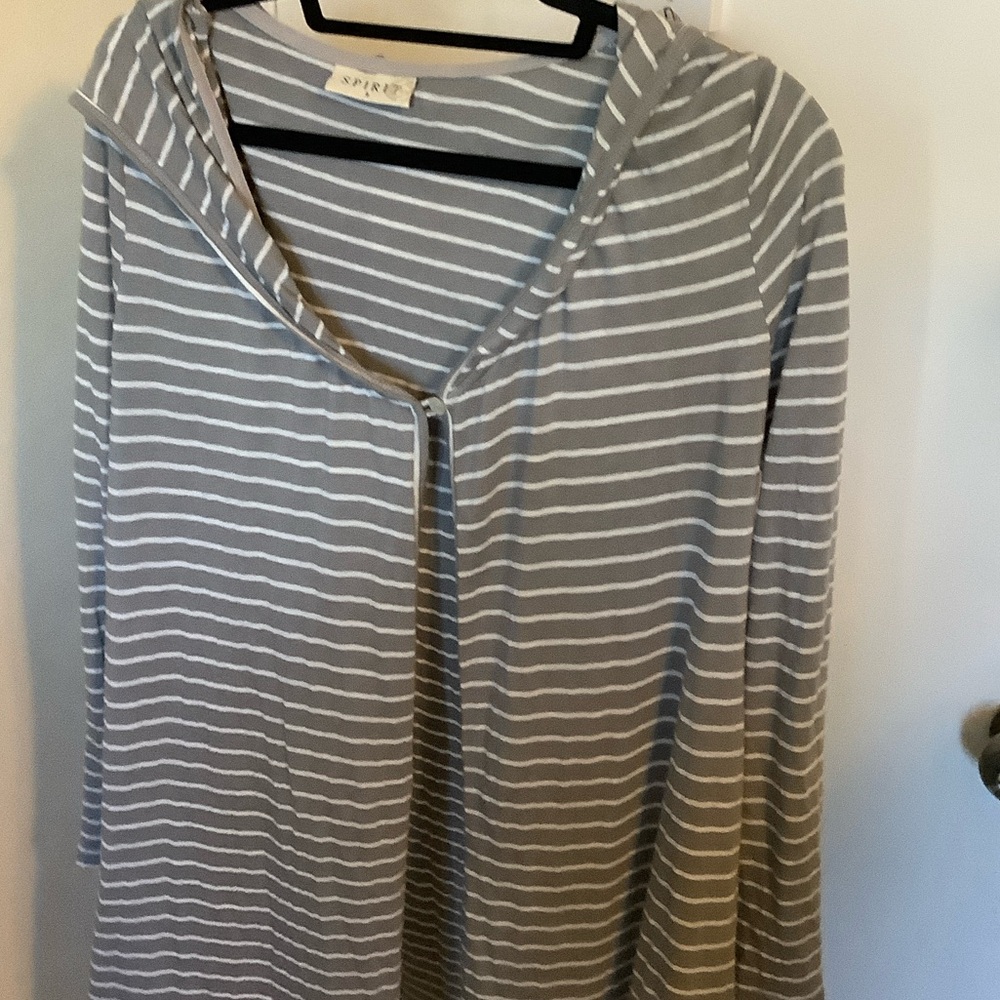 Esprit Gray and White Striped Hooded Long Sleeve Top Ptp 22” stretches to 24”